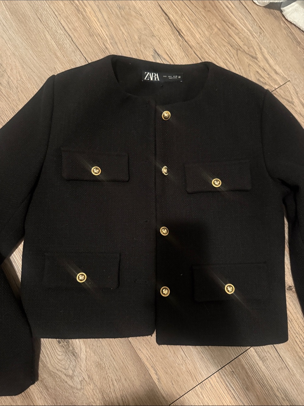Zara Black Cropped Collarless Jacket with Gold Buttons